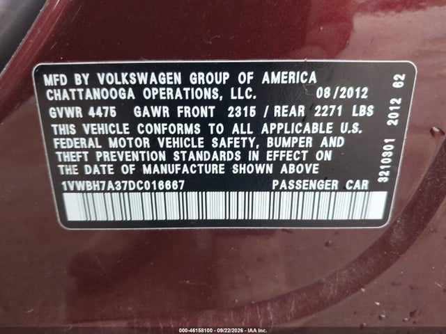 46158100 :رقم المزاد ، 1VWBH7A37DC016667 vin ، 2013 Volkswagen Passat 2.5l Se مزاد بيع