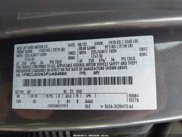 Продажа на аукционе авто 2023 Ford Escape Active, vin: 1FMCU0GN3PUA84980, номер лота: 46158111