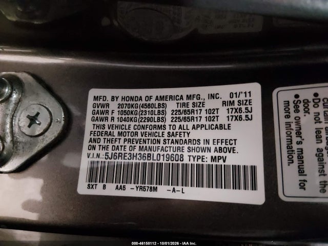 Aukcja sprzedaży 2011 Honda Cr-v Lx, vin: 5J6RE3H36BL019608, numer aukcji: 46158112