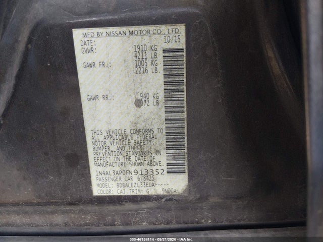 Aukcja sprzedaży 2015 Nissan Altima 2.5/2.5 S/2.5 Sl/2.5 Sv, vin: 1N4AL3AP0FN913352, numer aukcji: 46158114