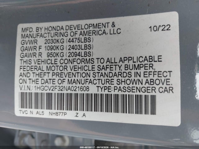 1HGCV2F32NA021608 Honda Accord Sport 2.0t