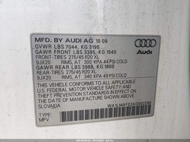 46158120 :رقم المزاد ، WA1LMAFE2AD002296 vin ، 2010 Audi Q7 3.0 Tdi Premium مزاد بيع