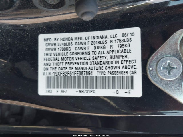 46158124 :رقم المزاد ، 19XFB2F51FE087894 vin ، 2015 Honda Civic Lx مزاد بيع