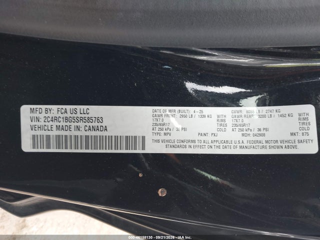 46158130 :رقم المزاد ، 2C4RC1BG5SR585763 vin ، 2025 Chrysler Pacifica Select مزاد بيع