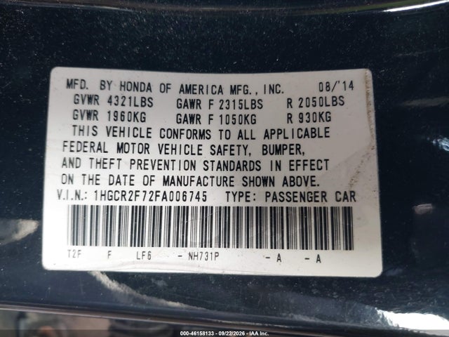 2015 Honda Accord Ex მანქანა იყიდება აუქციონზე, vin: 1HGCR2F72FA006745, აუქციონის ნომერი: 46158133