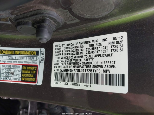 46158161 :رقم المزاد ، 5J6RM4H77DL011726 vin ، 2013 Honda Cr-v Ex-l مزاد بيع