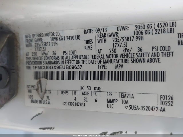 46158166 :رقم المزاد ، 1FMCU0GX9EUB09637 vin ، 2014 Ford Escape Se مزاد بيع