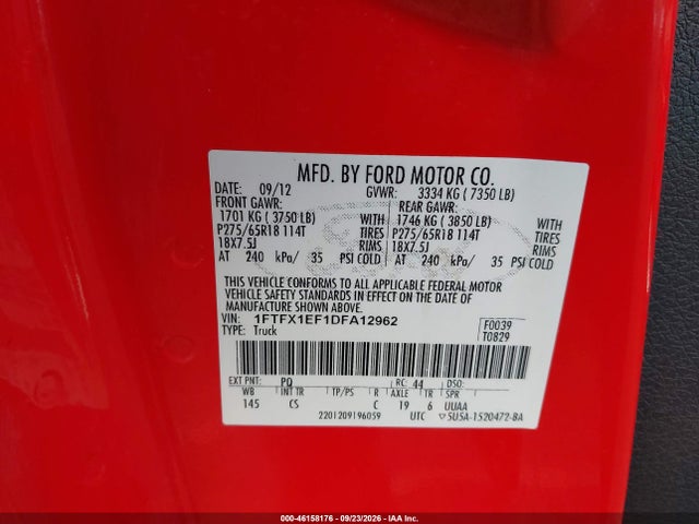 46158176 :رقم المزاد ، 1FTFX1EF1DFA12962 vin ، 2013 Ford F-150 Stx مزاد بيع