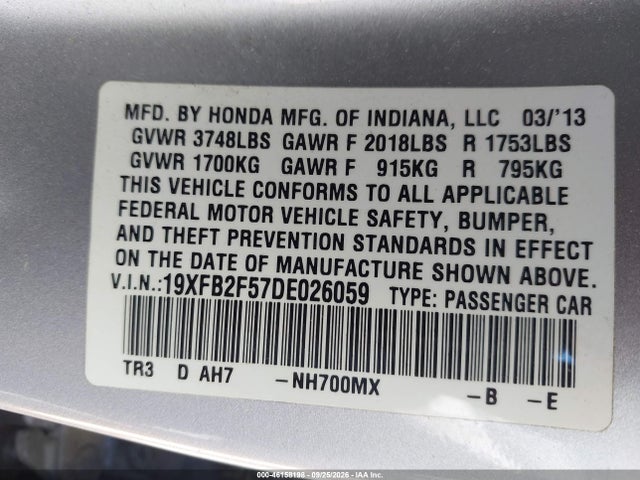 2013 Honda Civic Lx მანქანა იყიდება აუქციონზე, vin: 19XFB2F57DE026059, აუქციონის ნომერი: 46158198