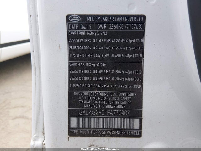 Auction sale of the 2015 Land Rover Lr4, vin: SALAG2V61FA770907, lot number: 46158199