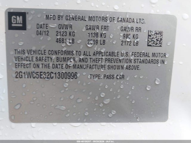 46158207 :رقم المزاد ، 2G1WC5E32C1300996 vin ، 2012 Chevrolet Impala Ltz مزاد بيع