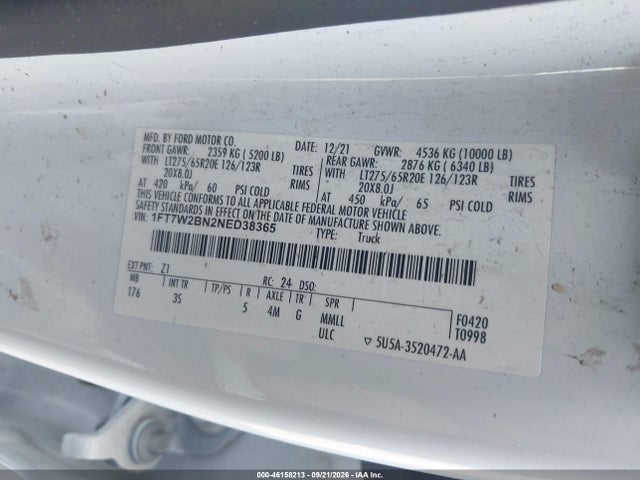 Продаж на аукціоні авто 2022 Ford F-250 Xlt, vin: 1FT7W2BN2NED38365, номер лоту: 46158213