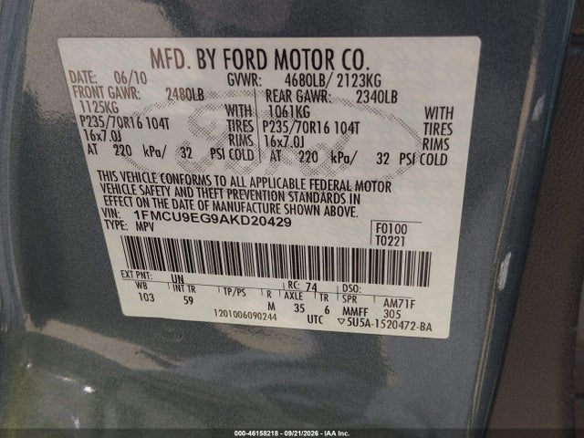 46158218 :رقم المزاد ، 1FMCU9EG9AKD20429 vin ، 2010 Ford Escape Limited مزاد بيع