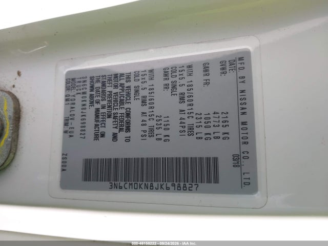 Aukcja sprzedaży 2018 Nissan Nv200 S, vin: 3N6CM0KN8JK698827, numer aukcji: 46158222