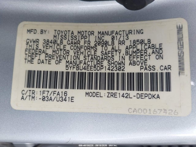 46158225 :رقم المزاد ، 5YFBU4EE5DP142302 vin ، 2013 Toyota Corolla L مزاد بيع