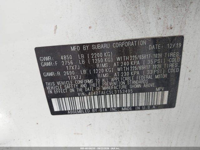 2020 Subaru Outback Premium მანქანა იყიდება აუქციონზე, vin: 4S4BTAEC5L3153495, აუქციონის ნომერი: 46158230