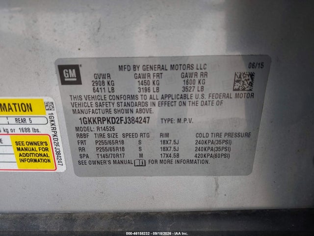 Aukcja sprzedaży 2015 Gmc Acadia Sle-2, vin: 1GKKRPKD2FJ384247, numer aukcji: 46158232