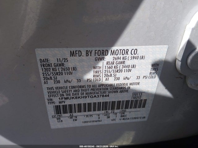 46158245 :رقم المزاد ، 1FMUK8KH9TGA37844 vin ، 2026 Ford Explorer St-line مزاد بيع