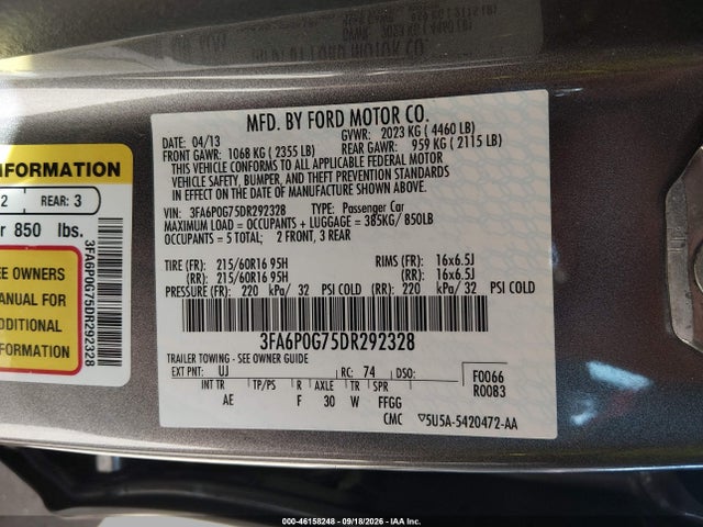 Aukcja sprzedaży 2013 Ford Fusion S, vin: 3FA6P0G75DR292328, numer aukcji: 46158248