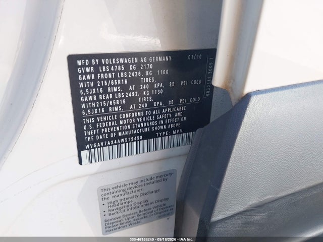 Продажа на аукционе авто 2010 Volkswagen Tiguan S, vin: WVGAV7AX4AW519458, номер лота: 46158249