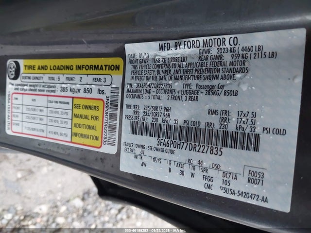 Aukcja sprzedaży 2013 Ford Fusion Se, vin: 3FA6P0H77DR227835, numer aukcji: 46158252