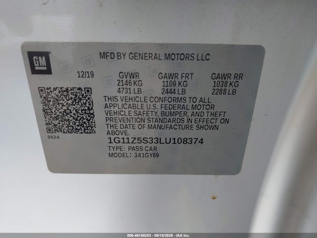 Продаж на аукціоні авто 2020 Chevrolet Impala Fwd Lt, vin: 1G11Z5S33LU108374, номер лоту: 46158253