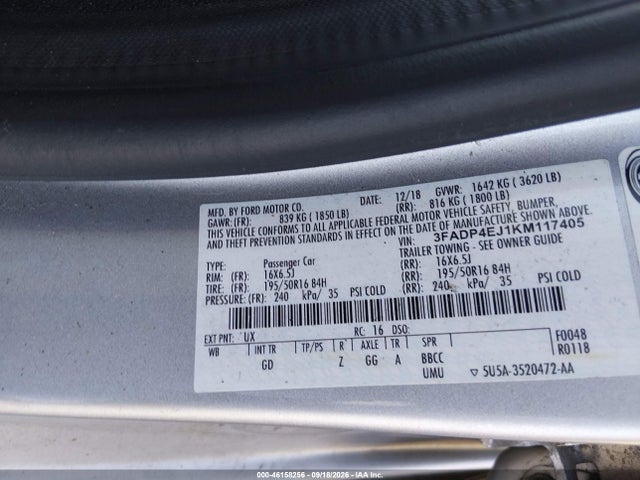46158256 :رقم المزاد ، 3FADP4EJ1KM117405 vin ، 2019 Ford Fiesta Se مزاد بيع