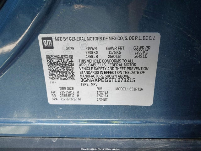 Продажа на аукционе авто 2026 Chevrolet Equinox Awd Lt, vin: 3GNAXPEG6TL273215, номер лота: 46158288