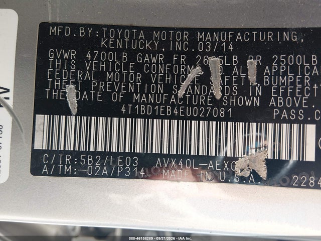 46158289 :رقم المزاد ، 4T1BD1EB4EU027081 vin ، 2014 Toyota Avalon Hybrid Xle Touring مزاد بيع
