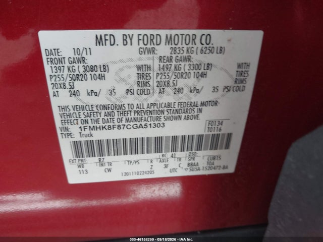 46158299 :رقم المزاد ، 1FMHK8F87CGA51303 vin ، 2012 Ford Explorer Limited مزاد بيع