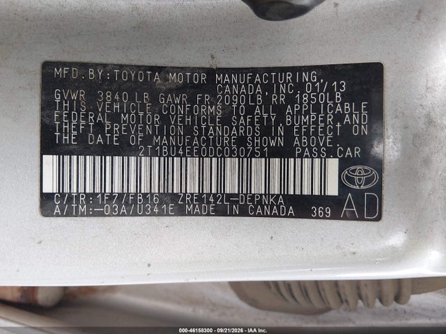 2013 Toyota Corolla Le მანქანა იყიდება აუქციონზე, vin: 2T1BU4EE0DC030751, აუქციონის ნომერი: 46158300