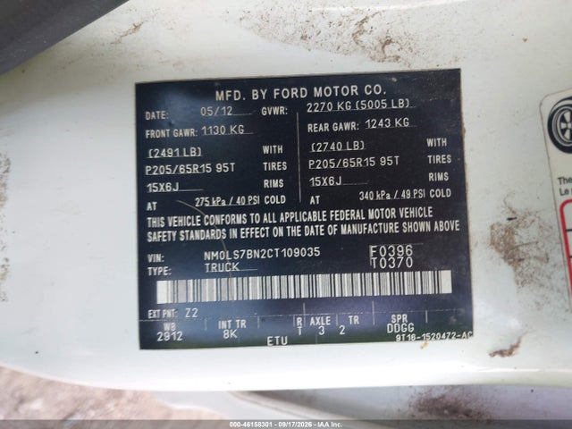 46158301 :رقم المزاد ، NM0LS7BN2CT109035 vin ، 2012 Ford Transit Connect Xlt مزاد بيع