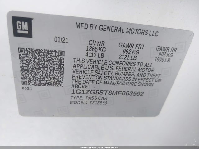 2021 Chevrolet Malibu Rs მანქანა იყიდება აუქციონზე, vin: 1G1ZG5ST8MF063592, აუქციონის ნომერი: 46158303