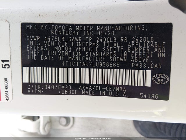 Продаж на аукціоні авто 2020 Toyota Camry Le, vin: 4T1C11AK7LU956665, номер лоту: 46158311