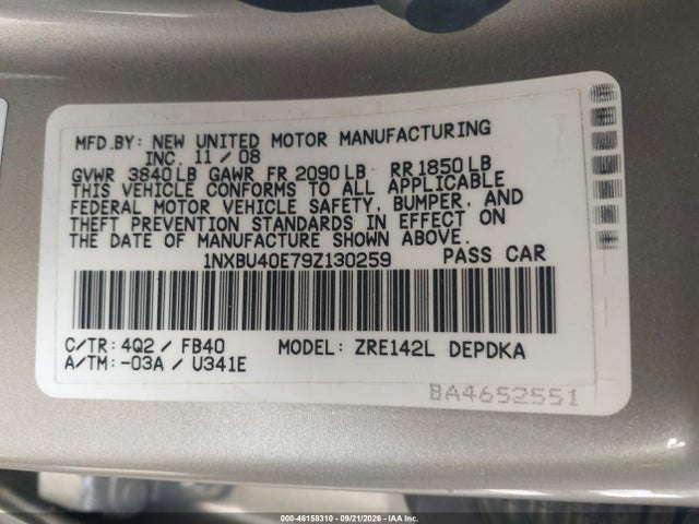 Продаж на аукціоні авто 2009 Toyota Corolla Le, vin: 1NXBU40E79Z130259, номер лоту: 46158310