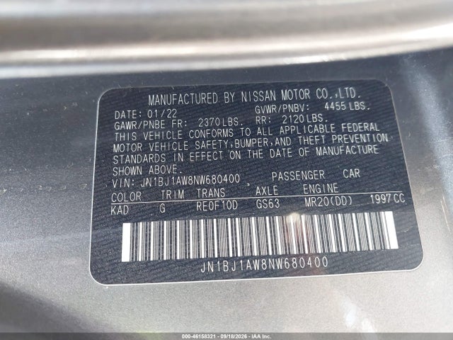 46158321 :رقم المزاد ، JN1BJ1AW8NW680400 vin ، 2022 Nissan Rogue Sport S Awd Xtronic Cvt مزاد بيع