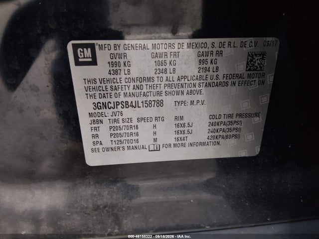 46158322 :رقم المزاد ، 3GNCJPSB4JL158788 vin ، 2018 Chevrolet Trax Lt مزاد بيع