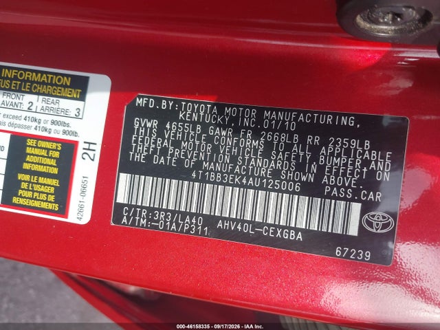46158335 :رقم المزاد ، 4T1BB3EK4AU125006 vin ، 2010 Toyota Camry Hybrid مزاد بيع