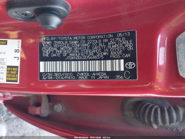 Aukcja sprzedaży 2013 Toyota Prius Two, vin: JTDKN3DU2D5648375, numer aukcji: 46158344