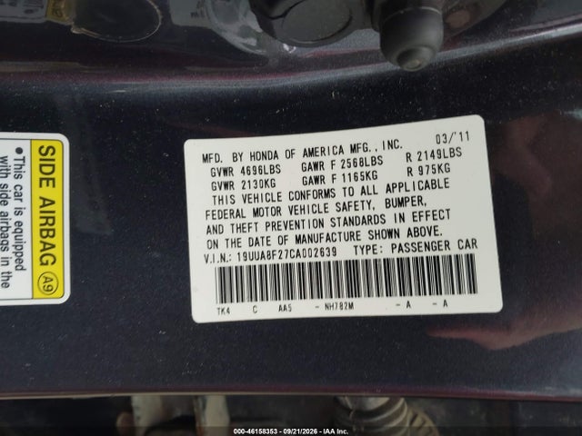 46158353 :رقم المزاد ، 19UUA8F27CA002639 vin ، 2012 Acura Tl 3.5 مزاد بيع