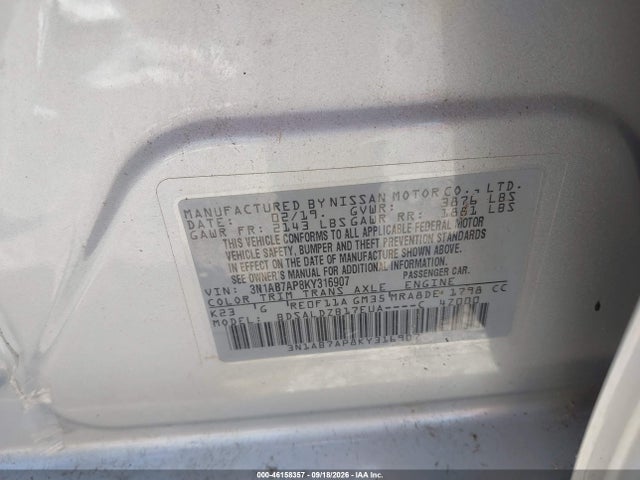 Aukcja sprzedaży 2019 Nissan Sentra Sv, vin: 3N1AB7AP8KY316907, numer aukcji: 46158357