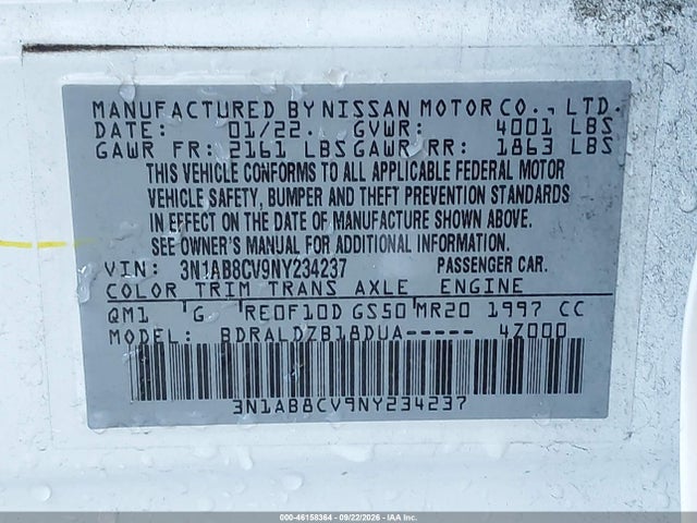 Продажа на аукционе авто 2022 Nissan Sentra Sv Xtronic Cvt, vin: 3N1AB8CV9NY234237, номер лота: 46158364