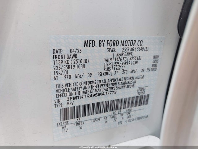 Продаж на аукціоні авто 2025 Ford Mustang Mach-e Select, vin: 3FMTK1R49SMA17779, номер лоту: 46158365