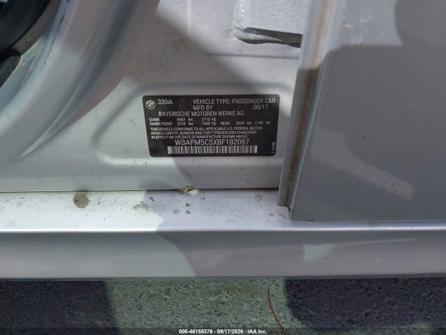 46158376 :رقم المزاد ، WBAPM5C5XBF182097 vin ، 2011 Bmw 335i مزاد بيع