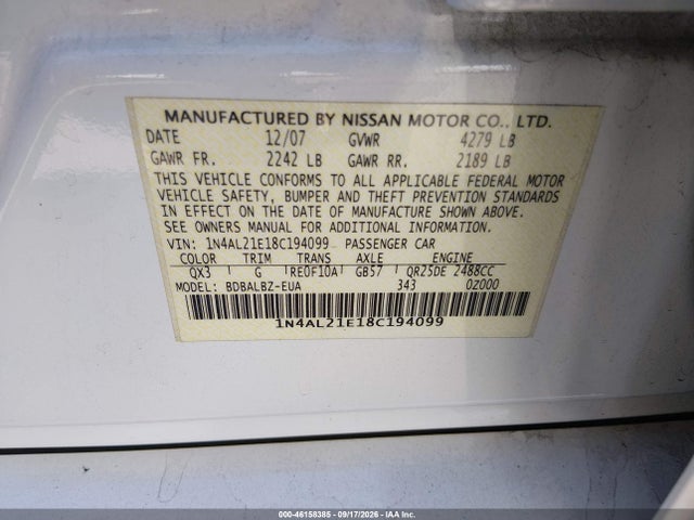 2008 Nissan Altima 2.5 S მანქანა იყიდება აუქციონზე, vin: 1N4AL21E18C194099, აუქციონის ნომერი: 46158385