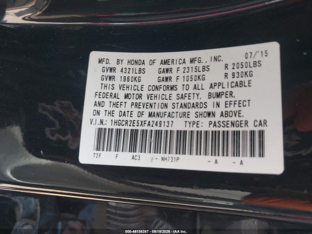 46158387 :رقم المزاد ، 1HGCR2E5XFA249137 vin ، 2015 Honda Accord Sport مزاد بيع