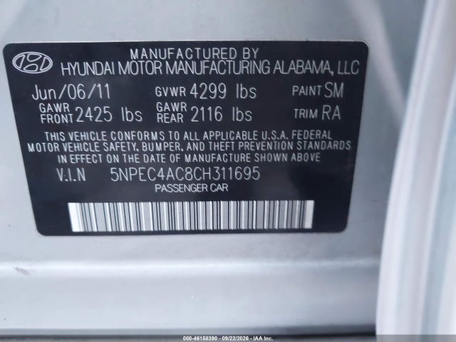 Продаж на аукціоні авто 2012 Hyundai Sonata Se, vin: 5NPEC4AC8CH311695, номер лоту: 46158390