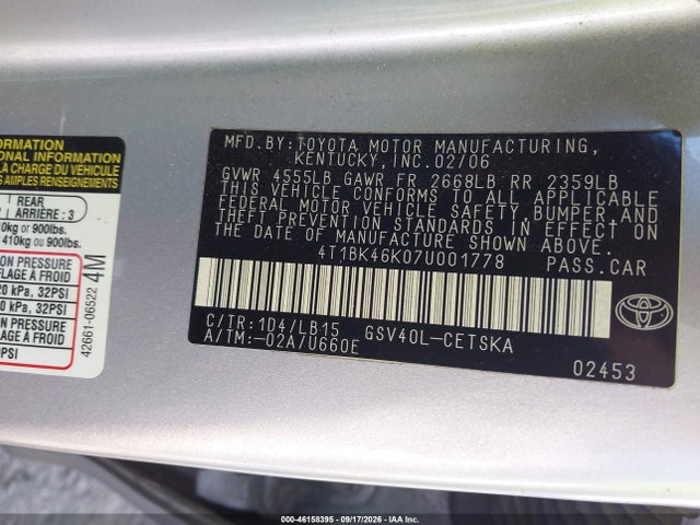 Продаж на аукціоні авто 2007 Toyota Camry Se V6, vin: 4T1BK46K07U001778, номер лоту: 46158395