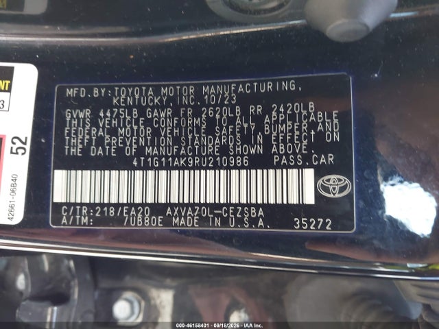 2024 Toyota Camry Se მანქანა იყიდება აუქციონზე, vin: 4T1G11AK9RU210986, აუქციონის ნომერი: 46158401