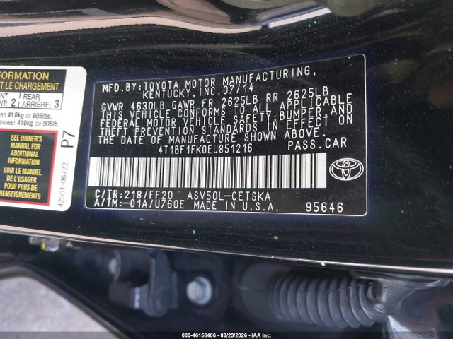 46158406 :رقم المزاد ، 4T1BF1FK0EU851216 vin ، 2014 Toyota Camry Se مزاد بيع